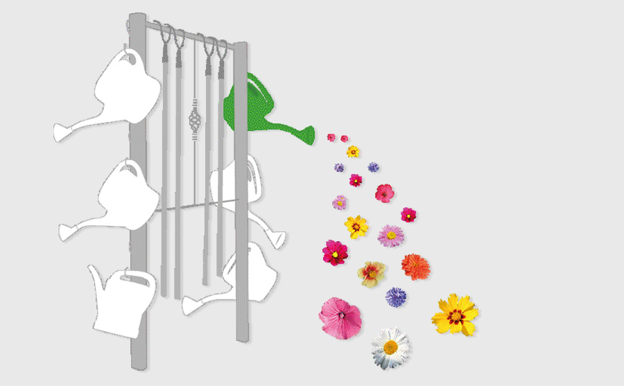 Animation, 6 Gießkannen hängen an einem Gestell, aus einer Kanne regnet es Blüten