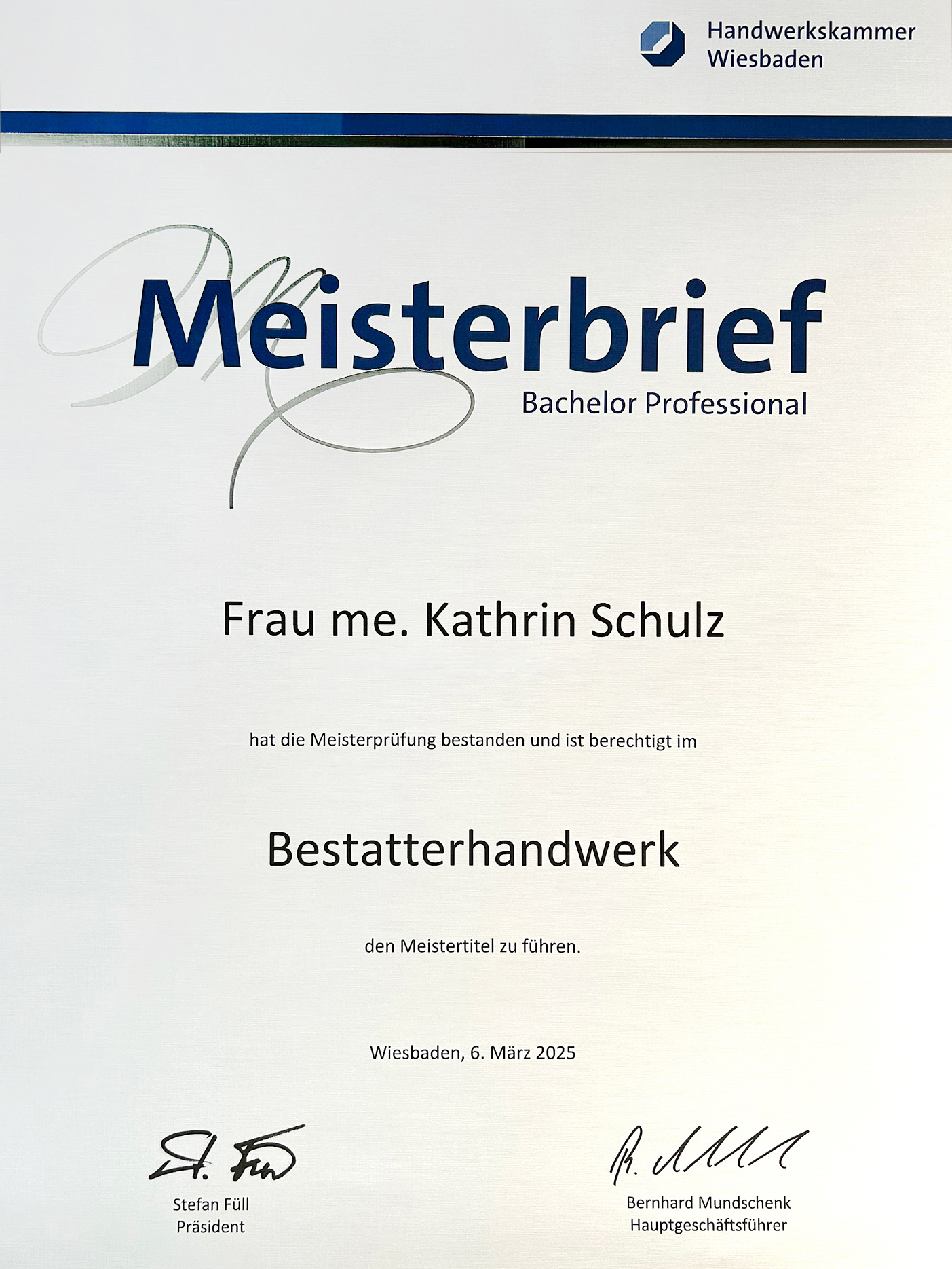 Meisterbrief Bestatterhandwerk – me. Kathrin Schulz